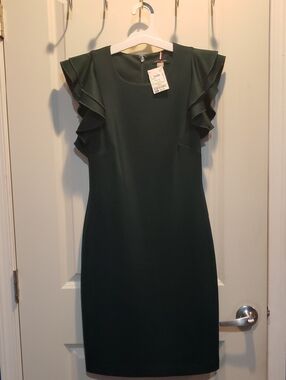 Tommy Hilfiger Dark Green Ruffle Sleeve Midi Dress NWT